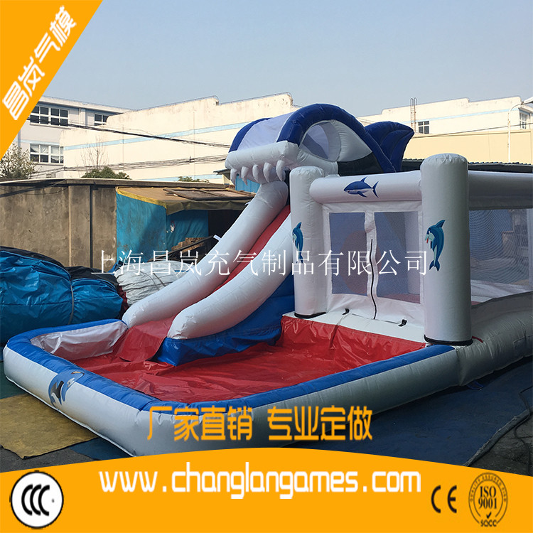 廠家直銷鯊魚(yú)充氣滑梯水池跳床組合 inflatable shark slide bouncer pool combo